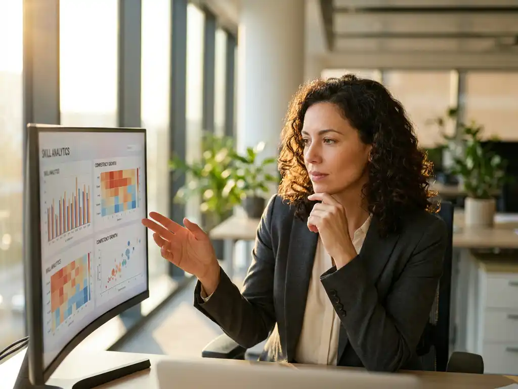 Geschäftsfrau analysiert bunte Datenvisualisierungen auf mehreren Monitoren in modernem Büro mit natürlichem Licht