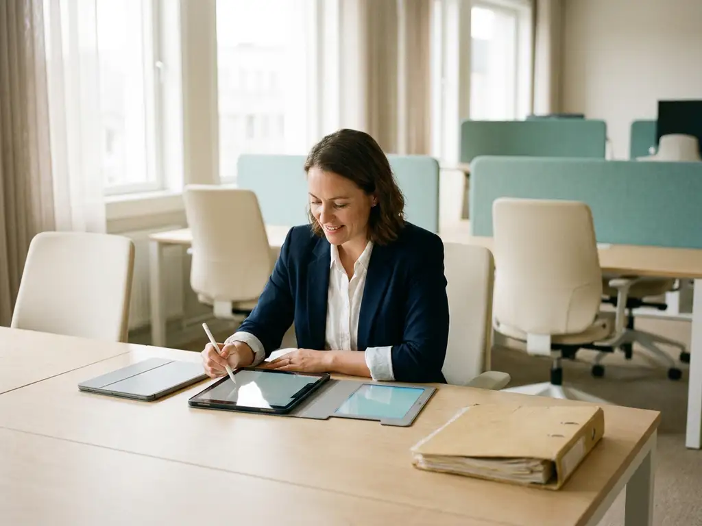 Geschäftsfrau im modernen KMU-Büro prüft Tablet neben digitalem Ordner, abgelöster Papierordner auf dem Schreibtisch, natürliches Fensterlicht.