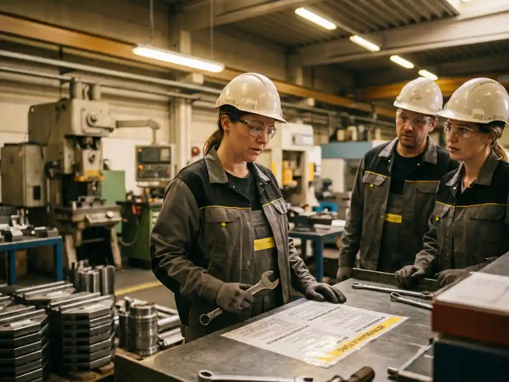 Fabrikarbeiterin in Schutzausrüstung betrachtet verwirrt einen deutschen Anweisungsbogen, während besorgte Kollegen in einer Industriewerkstatt zuschauen.
