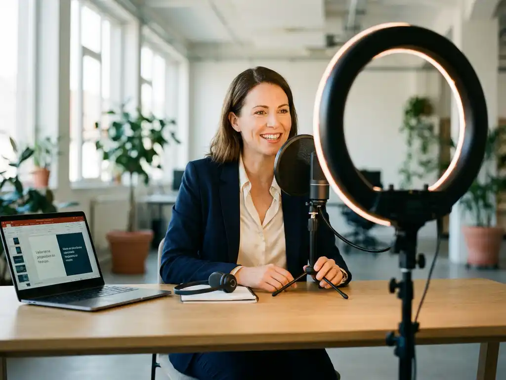 Selbstbewusste Frau nimmt mehrsprachiges Schulungsvideo auf, Laptop und Ringlicht auf modernem Schreibtisch, zeitgemäßes Büro.