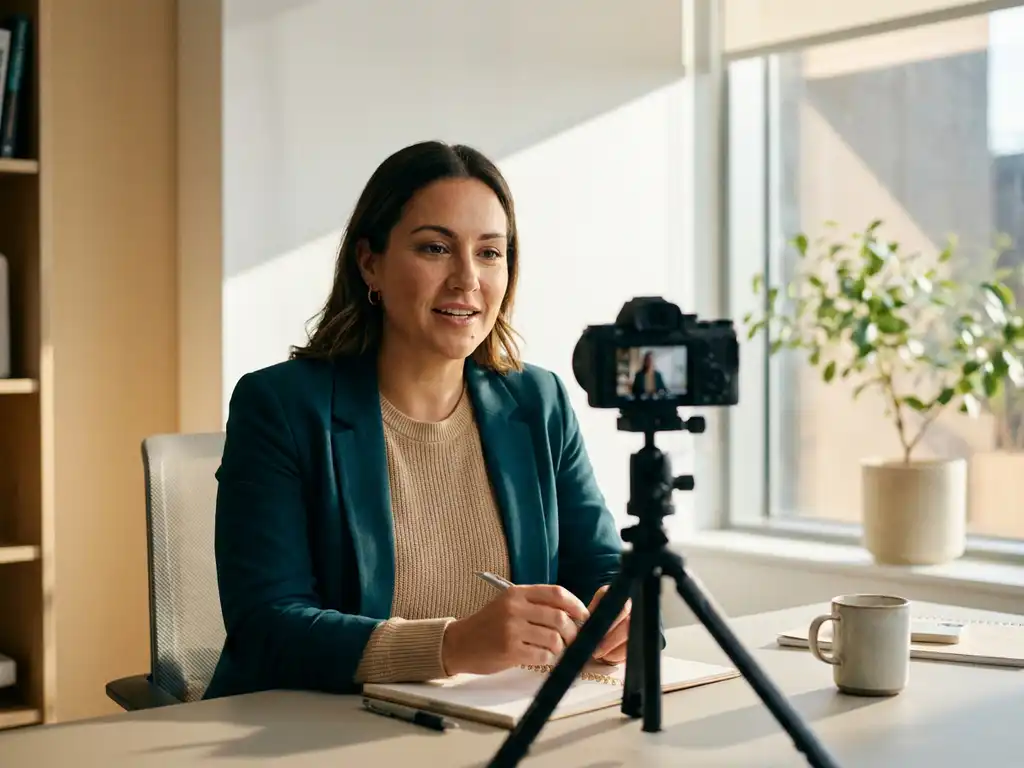 Frau in Business-Casual-Kleidung nimmt Onboarding-Video an modernem Schreibtisch auf, Kamera auf Stativ, warmes Fensterlicht.