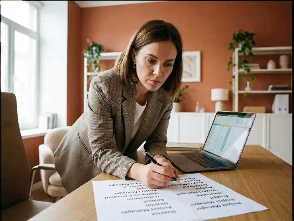 Frau am Schreibtisch prüft eine Liste mit Berufsbezeichnungen, Stift in der Hand, Laptop daneben, modernes Büro mit Tageslicht.