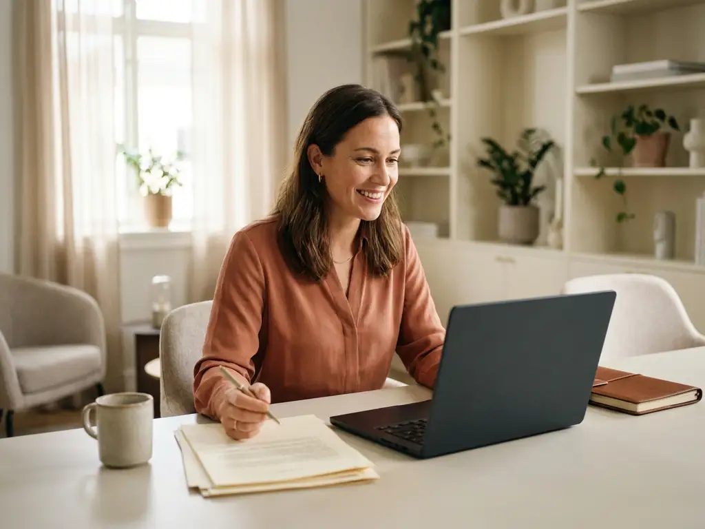 Frau in den 30ern prüft Dokumente an modernem Schreibtisch mit offenem Laptop im hellen, minimalistischen Büro.