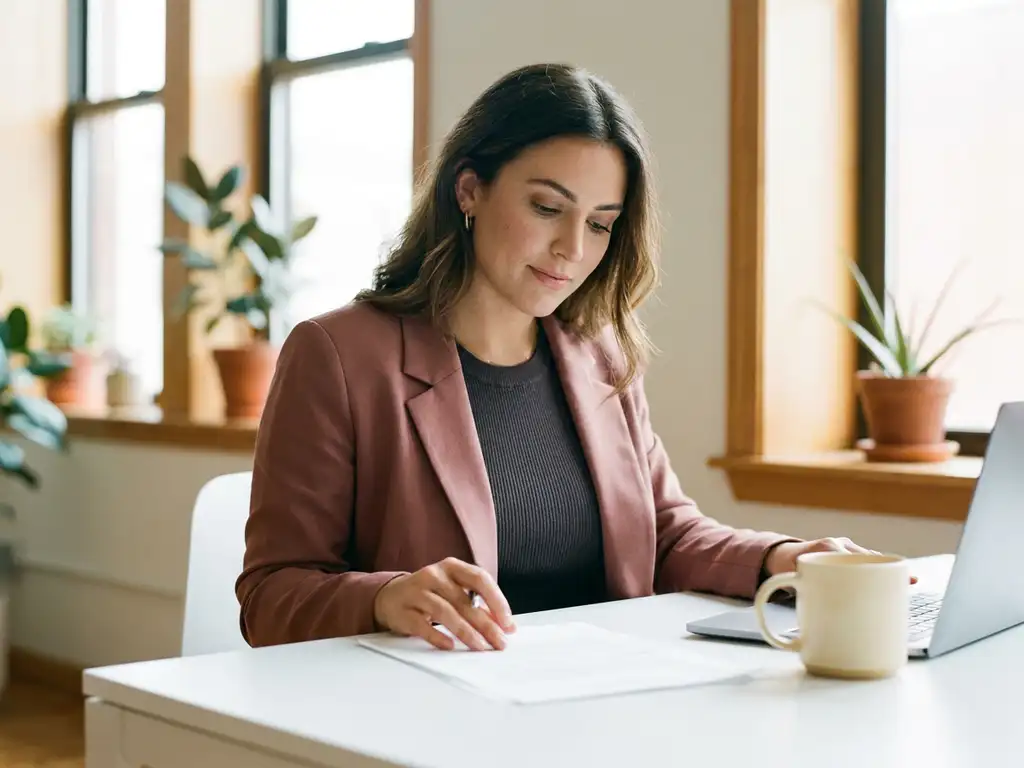 frau-buero-dokumente-modern-arbeitsplatz.jpg Frau in smarter Freizeitkleidung prüft Dokumente an modernem Büroschreibtisch mit Kaffeetasse und natürlichem Fensterlicht.