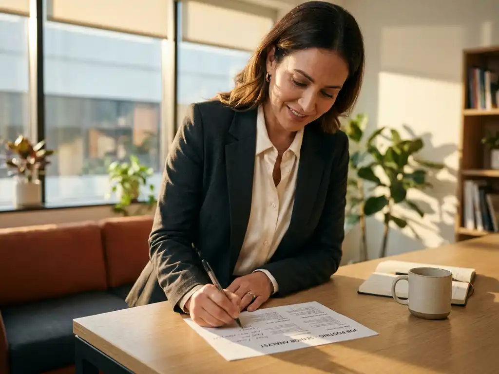 Frau am modernen Schreibtisch annotiert eine Stellenanzeige mit Stift, warmes Nachmittagslicht, professionelle Atmosphäre.
