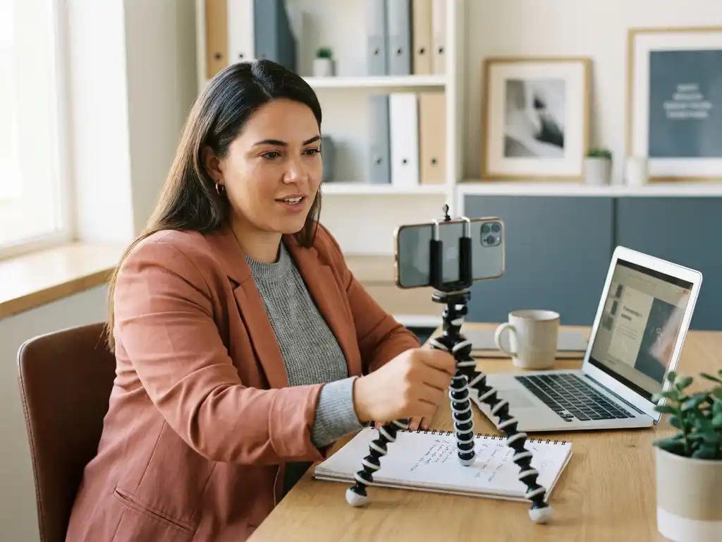 Frau filmt Arbeitsplatz-Tutorial am Schreibtisch mit Smartphone auf Stativ, Checkliste und Laptop im Hintergrund, natürliches Seitenlicht.