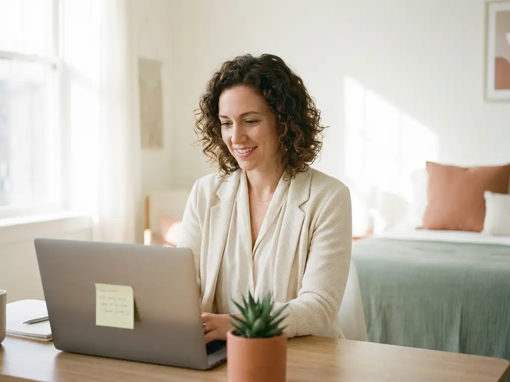 unternehmerin-laptop-buero-arbeitsplatz-modern.jpg Selbstbewusste Frau in Smart-Casual-Kleidung arbeitet am Laptop in hellem SME-Büro mit Pflanze und Haftnotiz.