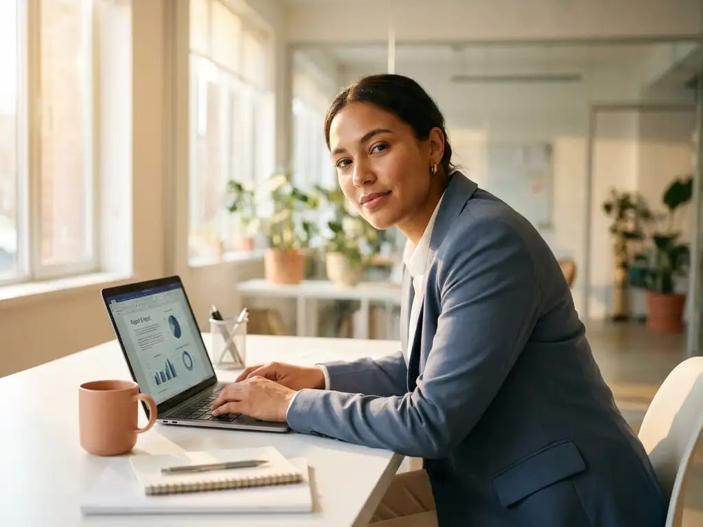 Selbstbewusste Frau arbeitet an strukturiertem Dokument auf Laptop in hellem modernem Büro mit Kaffeetasse und natürlichem Seitenlicht.