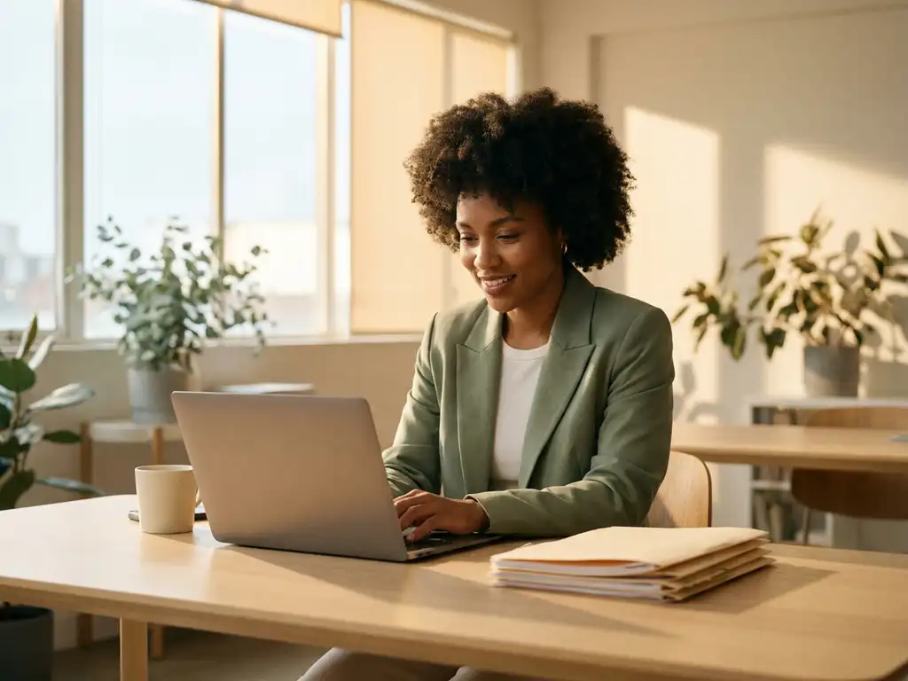 Frau am modernen Schreibtisch mit Laptop und Ordnern, helles Büro mit warmem Sonnenlicht und natürlicher Atmosphäre.