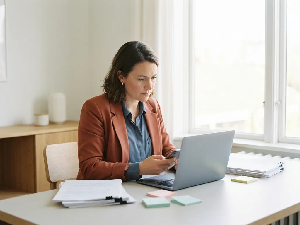 berufstatige-frau-laptop-smartphone-buero.jpg Berufstätige Frau arbeitet konzentriert an Laptop und Smartphone am modernen Schreibtisch mit Dokumenten und Haftnotizen.