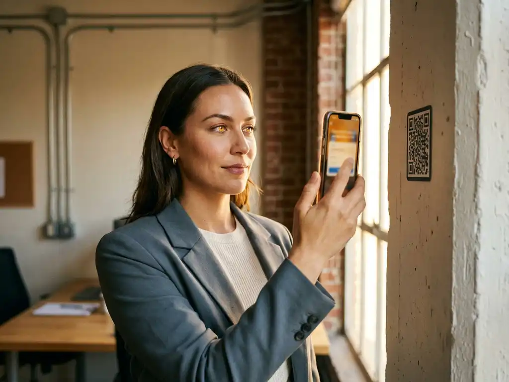 Frau in Business-Casual-Kleidung scannt QR-Code an Fabrikwand mit Smartphone, warmes Seitenlicht, industrieller Hintergrund.