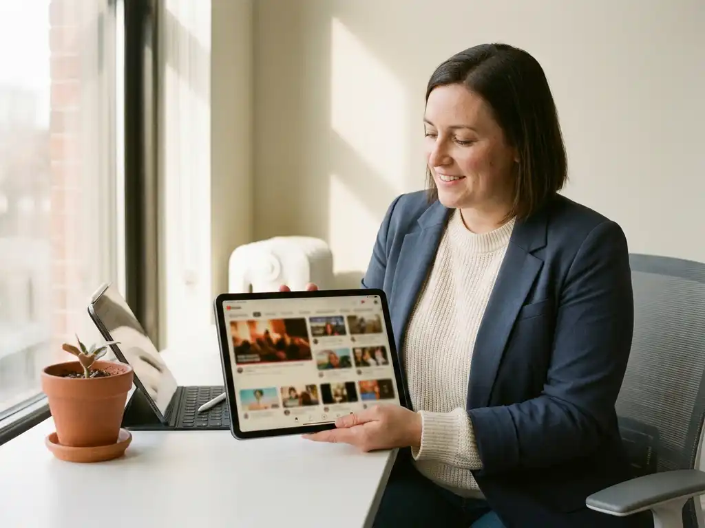 Frau im Business-Casual-Look hält Tablet mit Schulungsvideos an modernem Büroschreibtisch mit Zimmerpflanze im warmen Tageslicht.