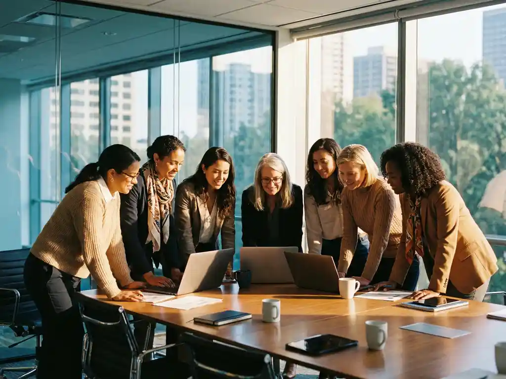 Diverse Geschäftsfrauen arbeiten gemeinsam am Konferenztisch in hellem Büro mit Glaswänden und natürlichem Sonnenlicht