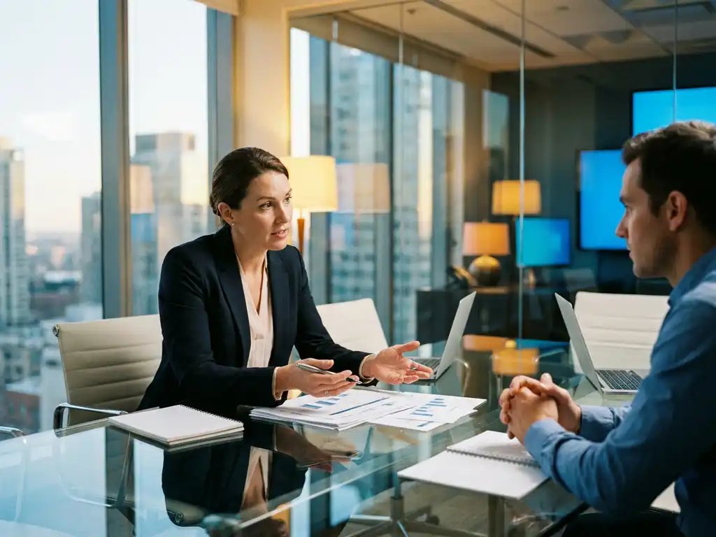 assessment-beratung-hr-consulting-buero.jpg Professionelle Frau im Blazer erklärt Bewertungsunterlagen am Glastisch in modernem HR-Beratungsbüro mit Tageslicht