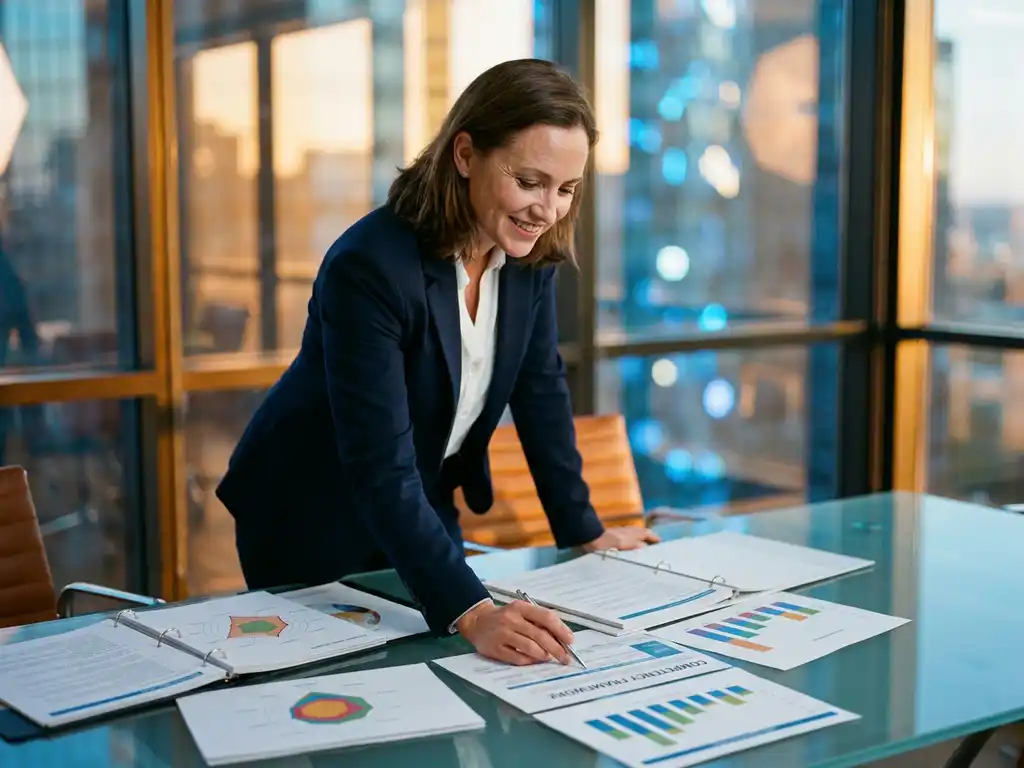 kompetenzanalyse-mitarbeiterbewertung-faehigkeiten-assessment.jpg Professionelle Frau analysiert bunte Kompetenzdiagramme und Fähigkeitsbewertungen am Konferenztisch im modernen Büro