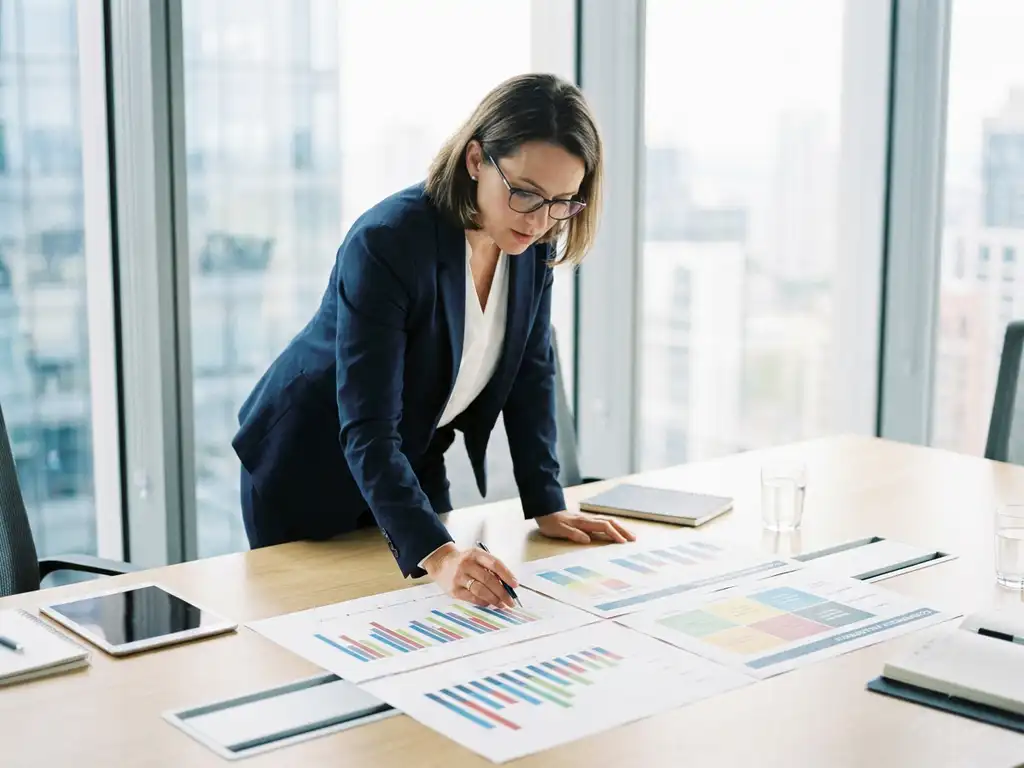 Geschäftsfrau in Blazer analysiert Kompetenzmatrizen und Leistungsgrafiken am modernen Konferenztisch im hellen Büro