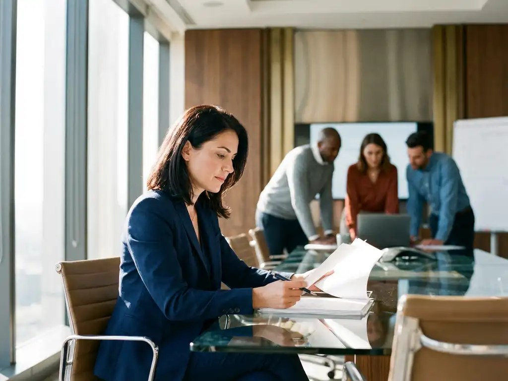 kompetenzbeurteilung-professionelle-frau-teamarbeit-buero.jpg Professionelle Frau im Blazer prüft Bewertungsunterlagen am Glastisch, diverse Teammitglieder arbeiten im Hintergrund zusammen