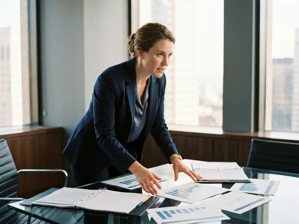 Professionelle Frau in Blazer analysiert Leistungsdiagramme und Bewertungsdokumente am Glastisch im modernen Büro
