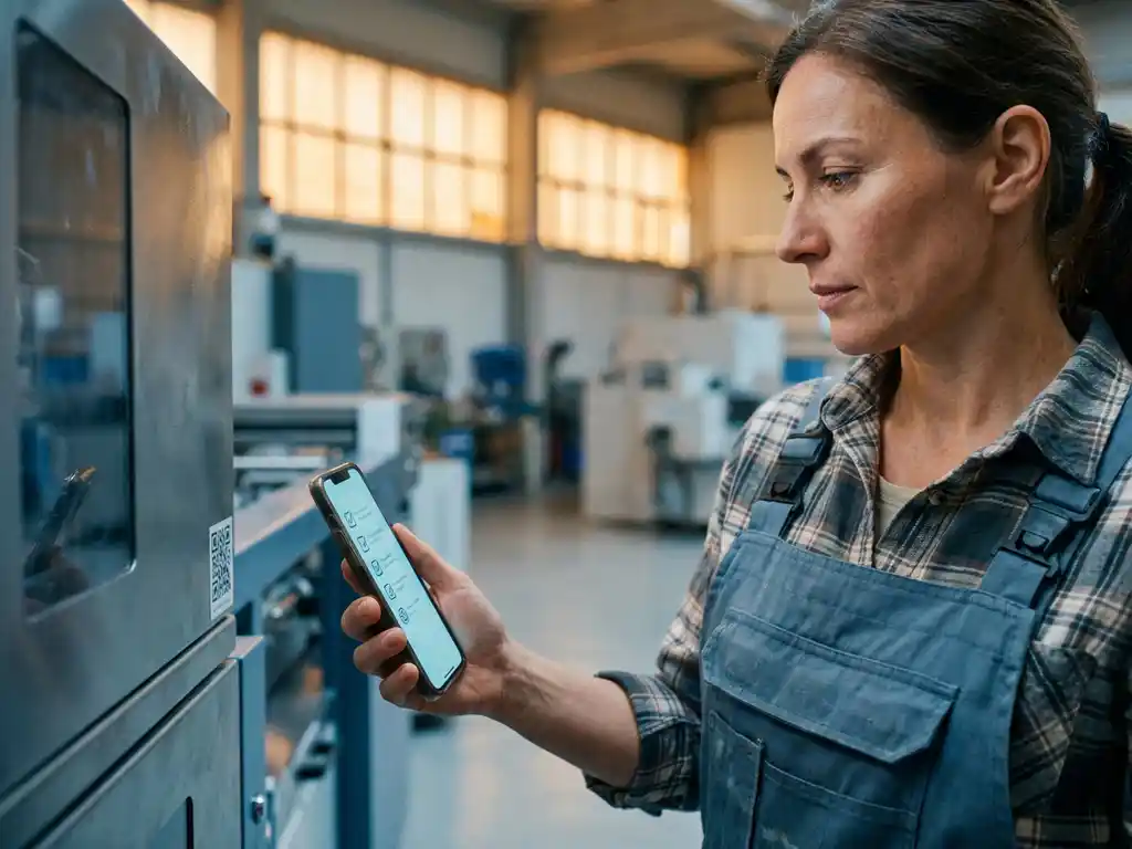Frau in Arbeitsoverall scannt QR-Code an Industriemaschine mit Smartphone, Onboarding-Checkliste auf dem Display, Fabrikhalle.