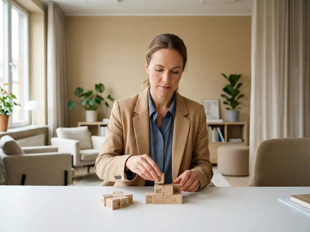 Frau arrangiert modulare Bausteine auf einem Schreibtisch, die einzelne Trainingseinheiten symbolisieren, in warmem modernem Büro.