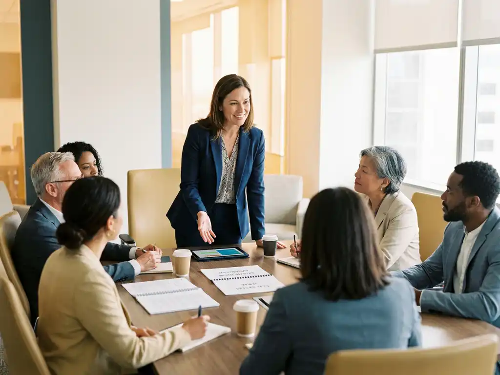 Frau in Businesskleidung leitet mehrsprachiges Onboarding mit diversen Kollegen an einem modernen Konferenztisch.