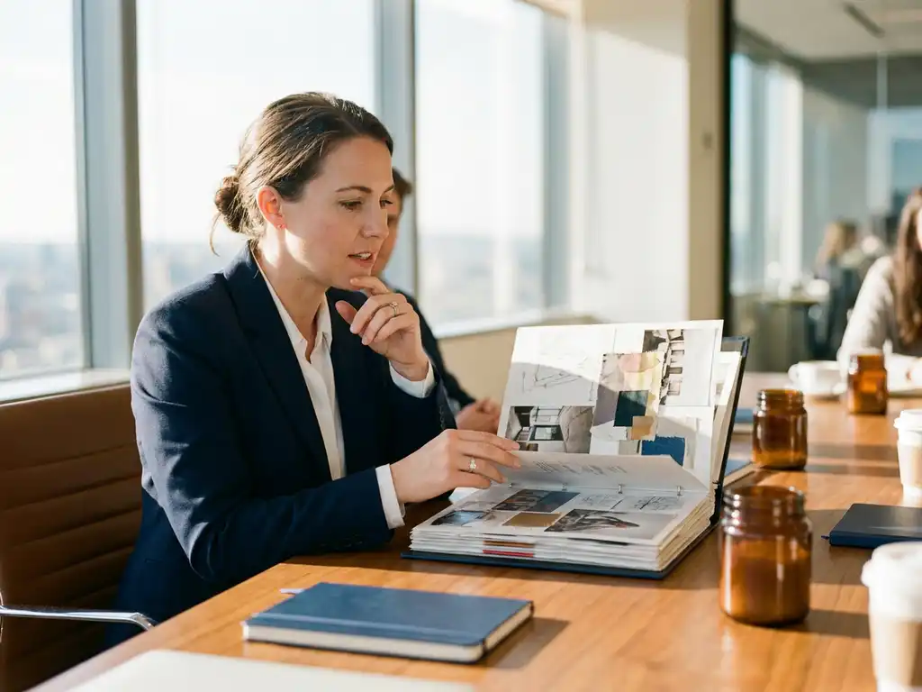 Professionelle Frau in Blazer begutachtet Portfolio mit kreativen Arbeitsproben am Konferenztisch im modernen Büro