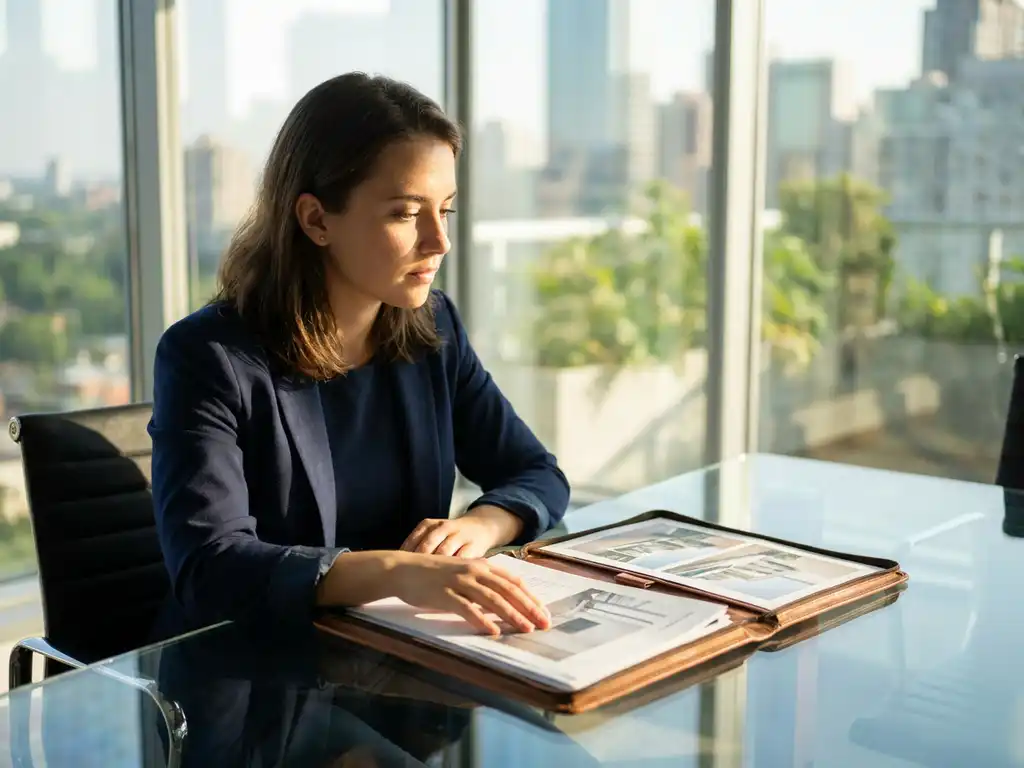 portfolio-bewertung-geschaeftsfrau-buero-analyse.jpg Junge Geschäftsfrau analysiert Portfolio-Arbeitsproben am Glastisch im modernen Büro mit natürlichem Licht