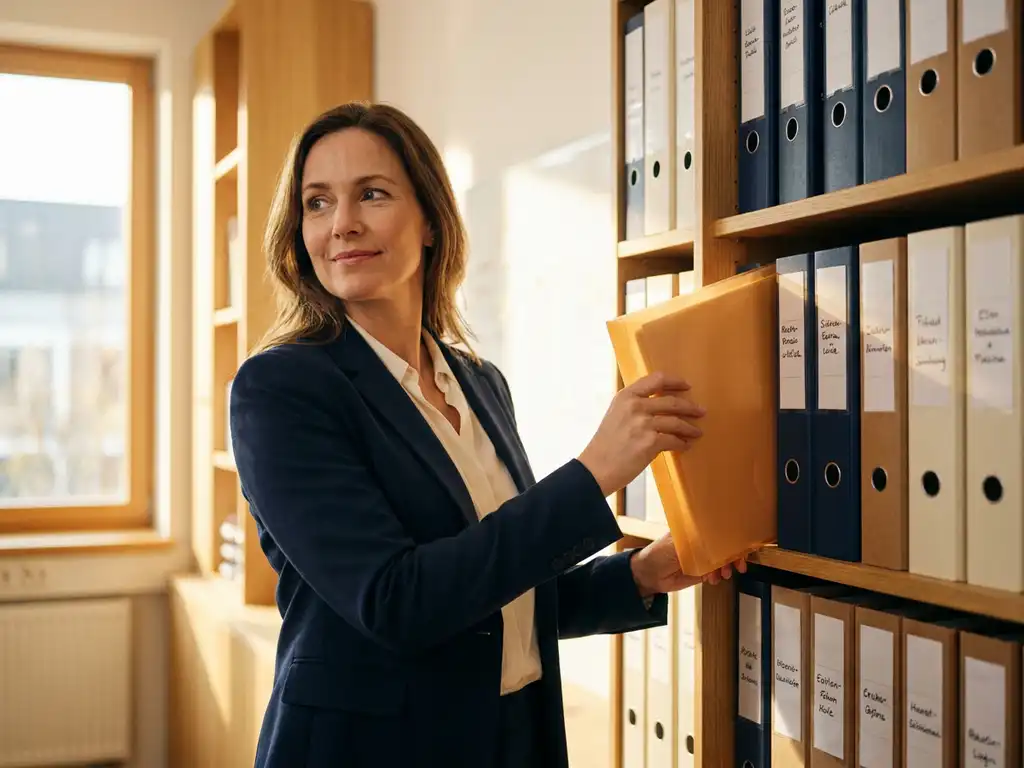 Frau in den 40ern legt leuchtend-bernsteinfarbenen Ordner in gepflegtes Archivregale, warmes Bürolicht, hölzerne Regale im Hintergrund.