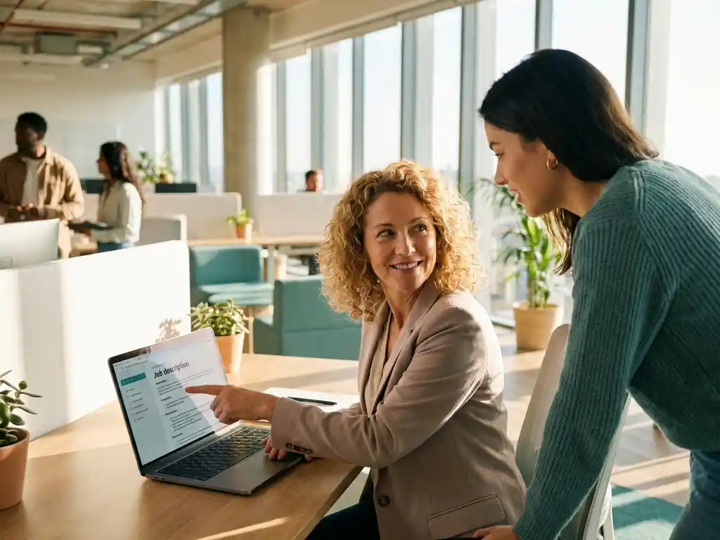 Zwei Frauen unterschiedlichen Alters arbeiten gemeinsam an einem Laptop in einem modernen Büro mit warmem Tageslicht.
