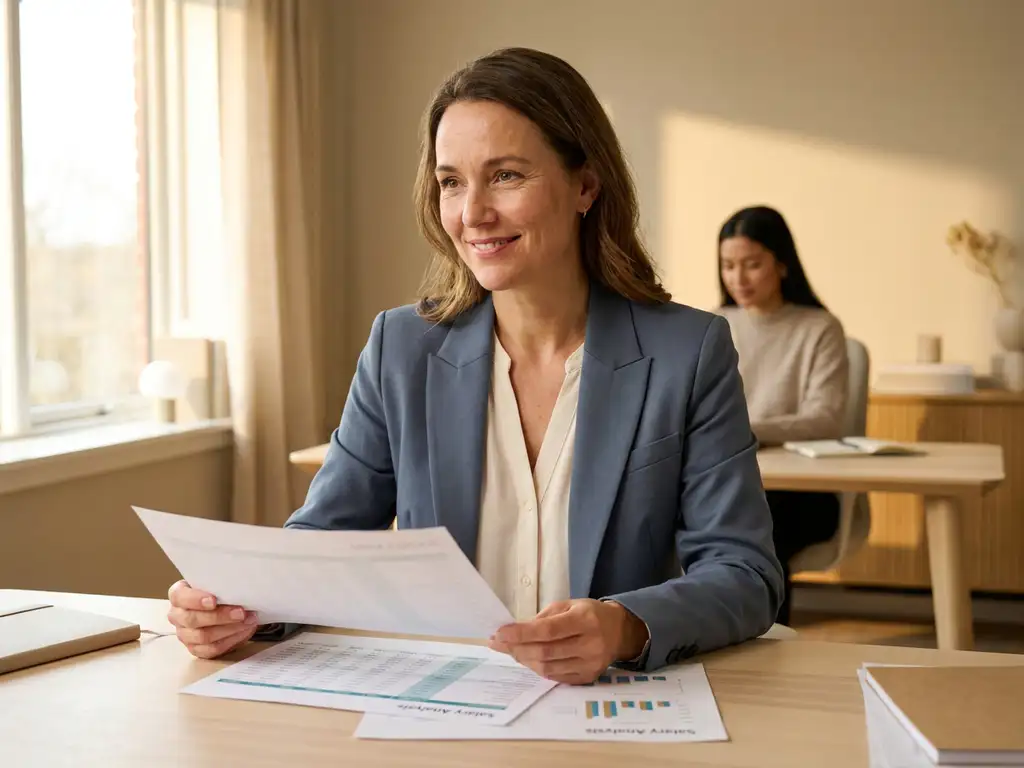 gehaltsanalyse-frau-buero-dokumente.jpg Selbstbewusste Frau im Blazer analysiert Gehaltsunterlagen an modernem Bürotisch im warmen Nachmittagslicht.