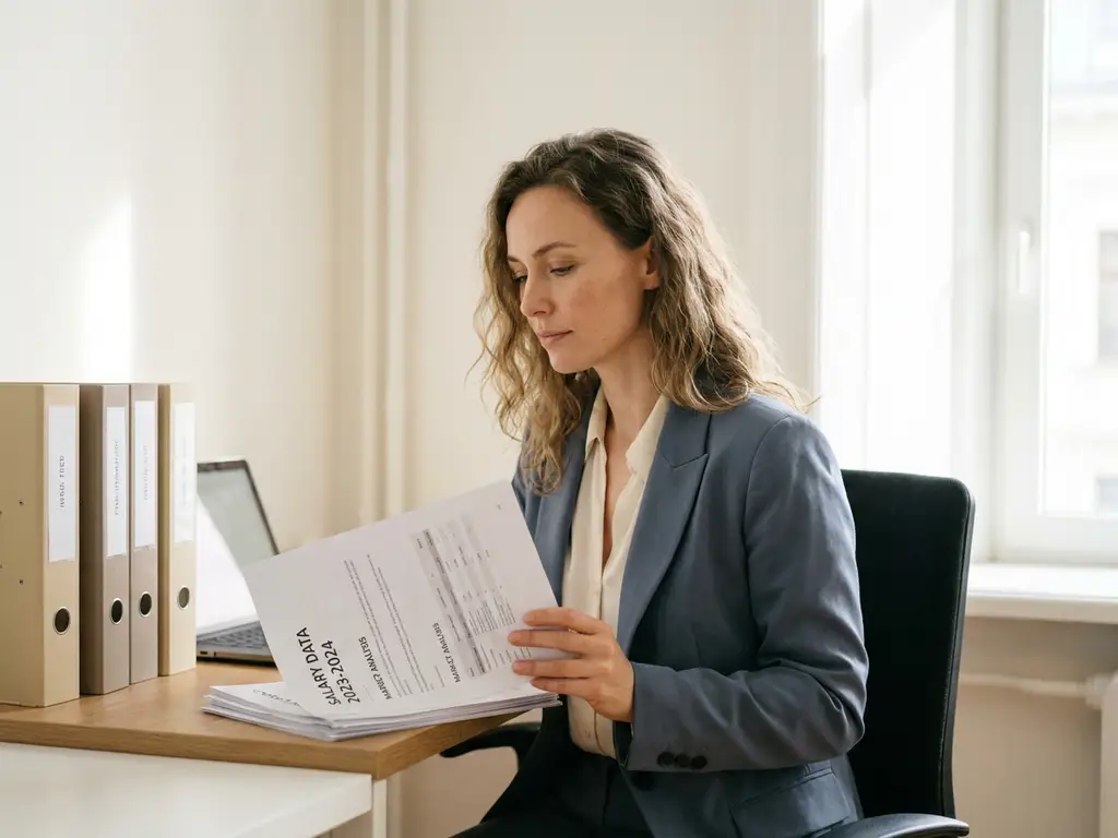 Frau am modernen Schreibtisch prüft Gehaltsvergleich-Dokumente, Laptop und Ordner im Hintergrund, natürliches Fensterlicht.