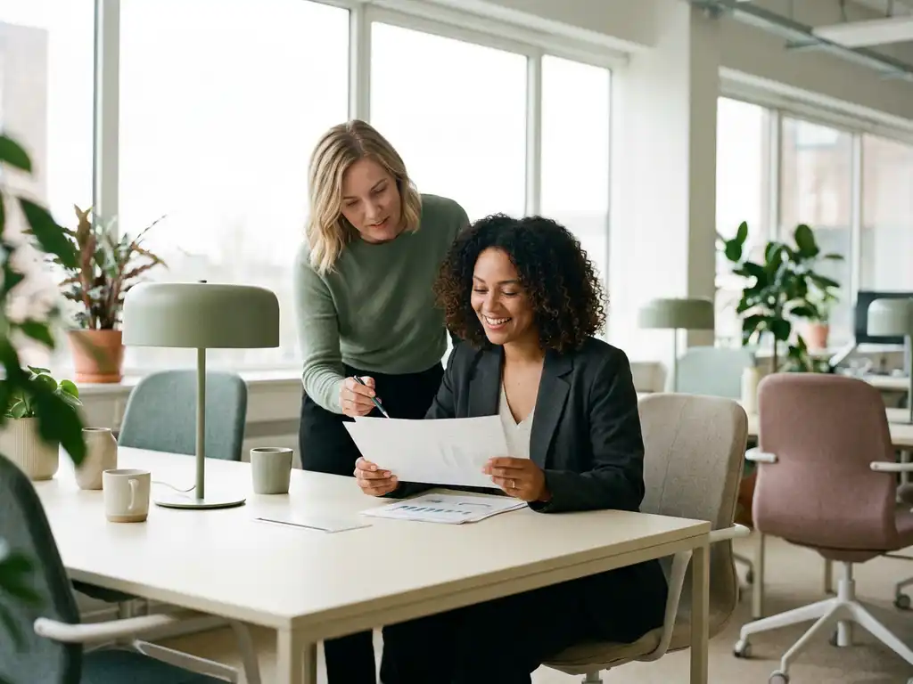 Zwei Frauen besprechen Gehaltsvergleichsdokumente an einem modernen Büroschreibtisch im warmen Tageslicht.