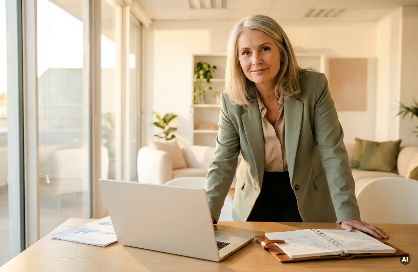 Frau in den 50ern analysiert Daten auf Laptop im modernen Büro, Notizbuch daneben, warmes Nachmittagslicht.