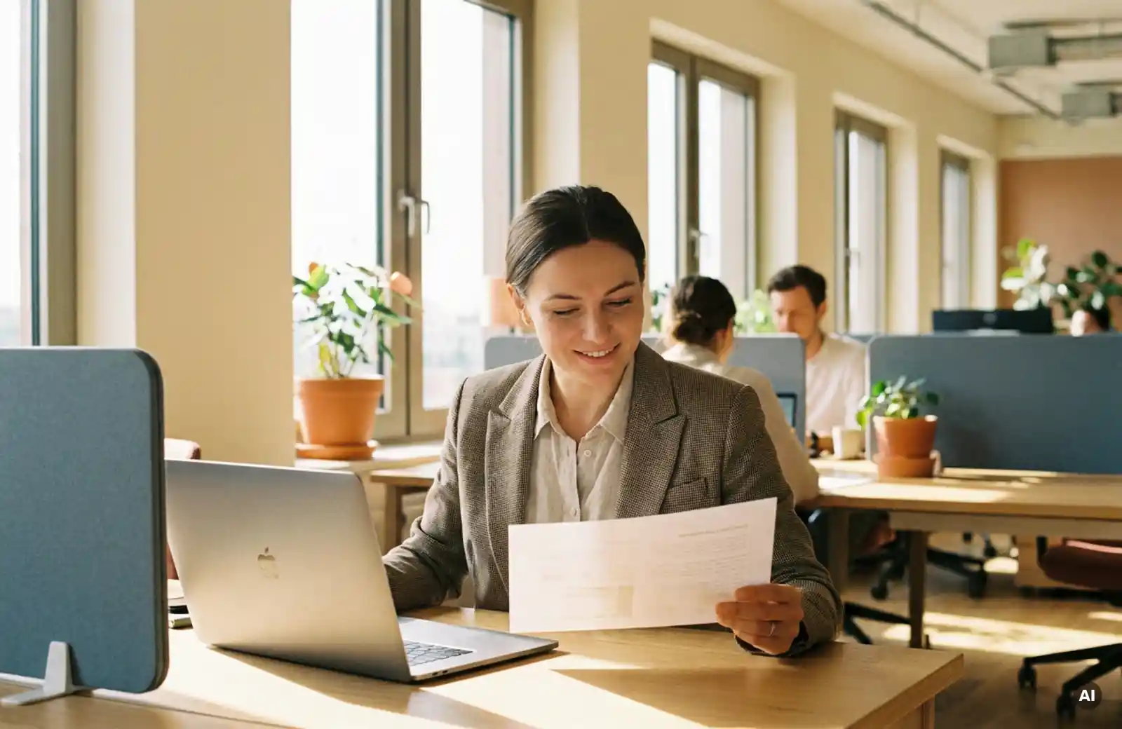 frau-buro-dokumente-laptop-modern.jpg Frau in Business-Casual-Kleidung prüft Dokumente an modernem Büroschreibtisch mit offenem Laptop, natürliches Licht, Kollegen im Hintergrund.