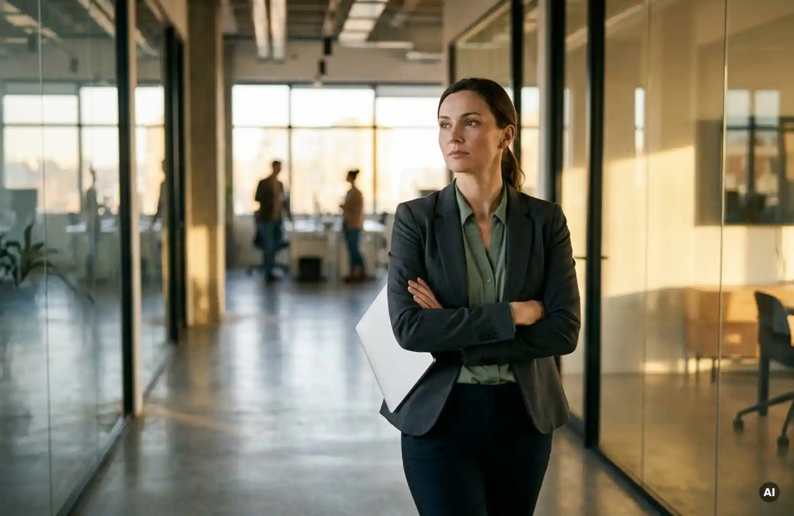 frau-buero-laptop-nachdenklich-modern.jpg Selbstbewusste Geschäftsfrau mit Laptop unter dem Arm steht in modernem Büroflur mit großen Fenstern und natürlichem Licht.
