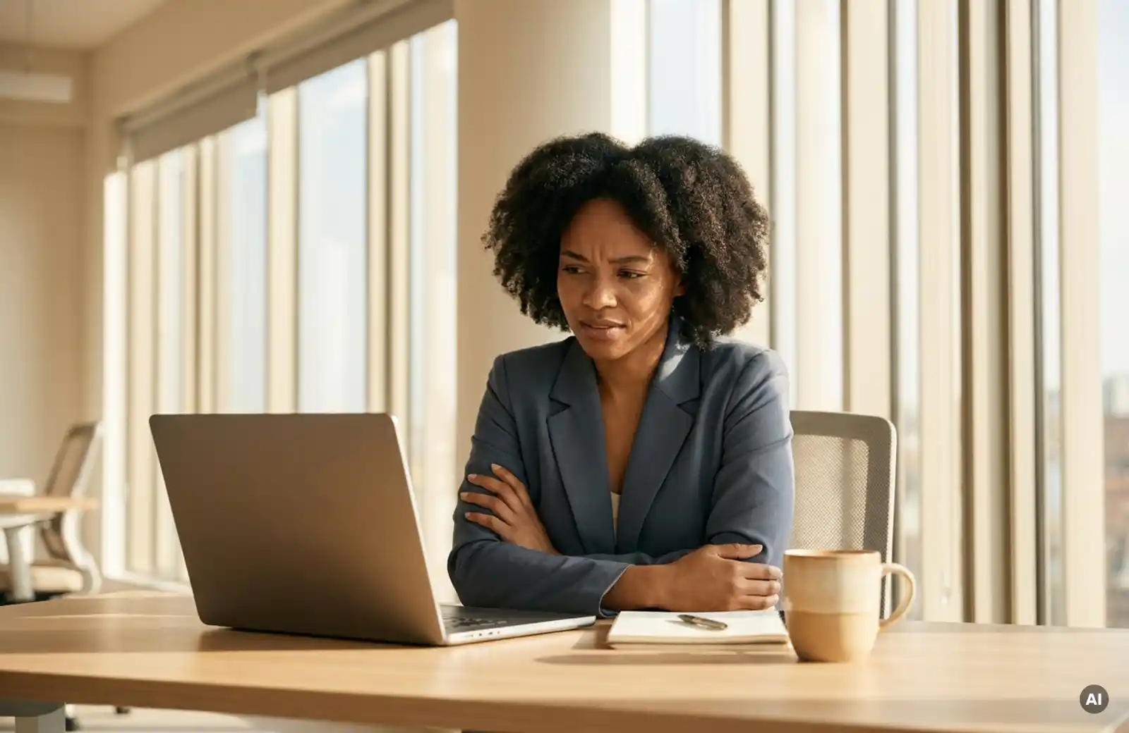 frau-buero-laptop-skepsis-nachdenklich.jpg Frau am Büroschreibtisch betrachtet skeptisch einen Laptop, warmes Nachmittagslicht, aufgeräumter Arbeitsplatz mit Kaffeetasse.
