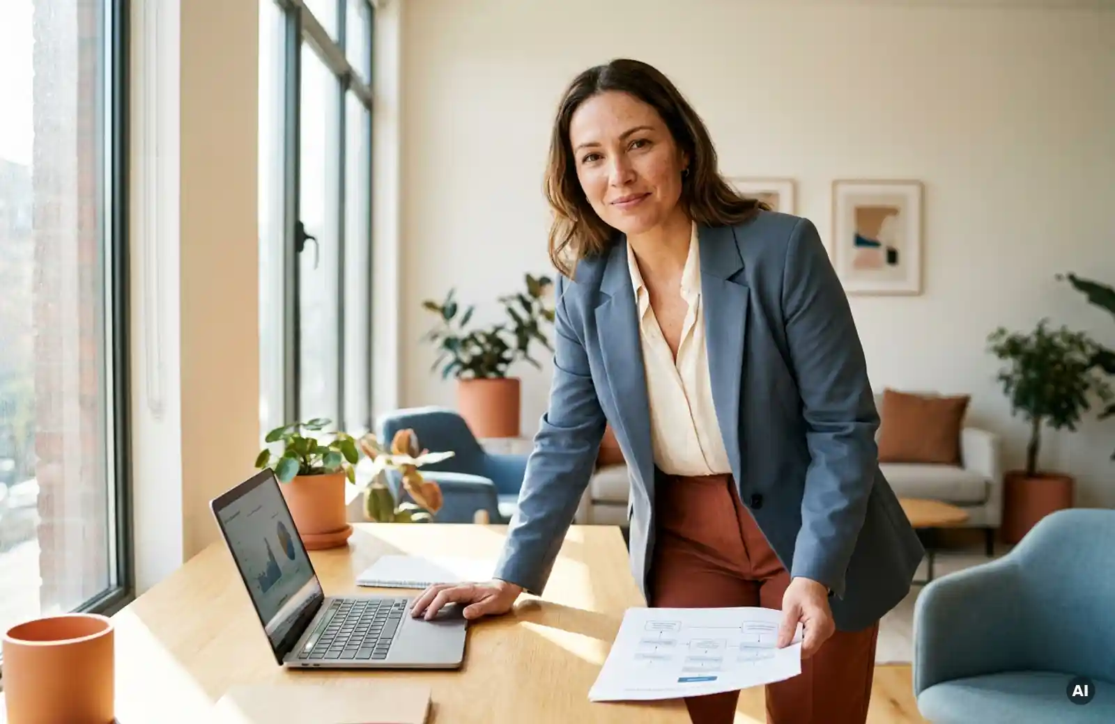 Selbstbewusste Frau in Business-Casual-Kleidung am modernen Büroschreibtisch, hält Workflow-Dokument neben geöffnetem Laptop.