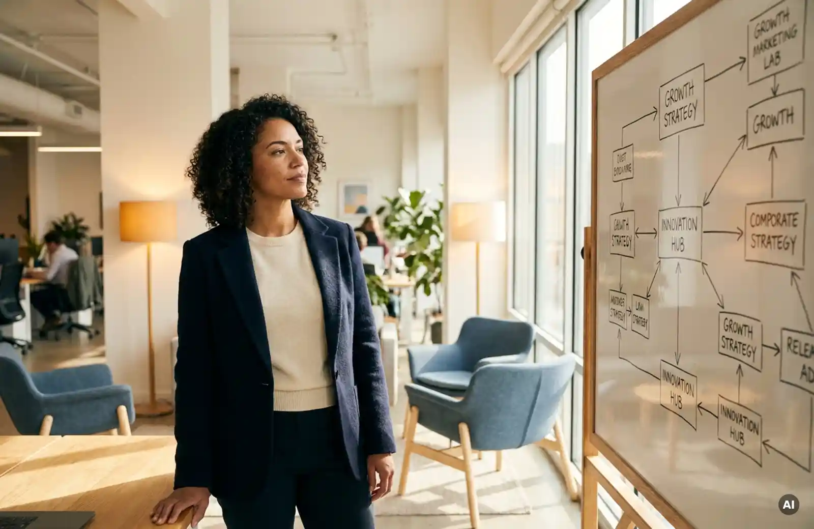 Frau in Business-Casual-Kleidung analysiert Framework-Diagramm auf Whiteboard in modernem Büro mit warmem Tageslicht.