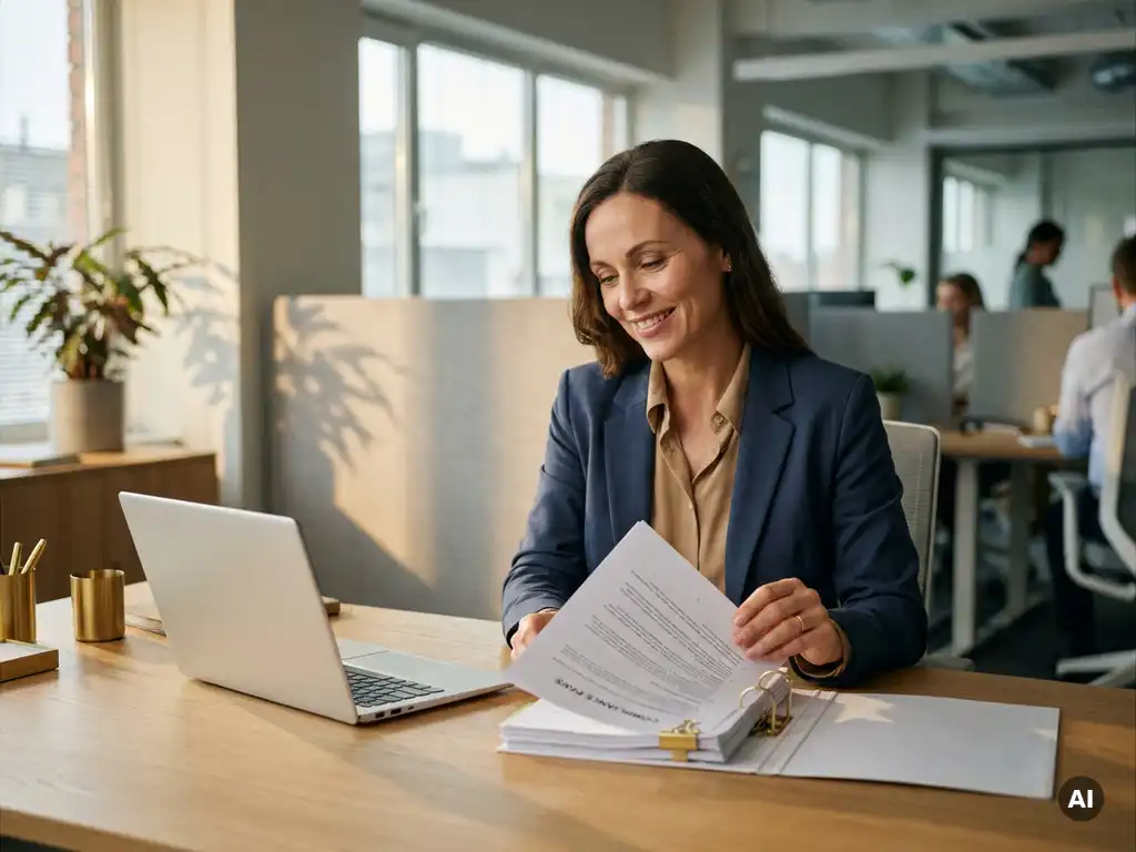 compliance-dokumente-frau-buero-professionell.jpg Geschäftsfrau prüft Compliance-Dokumente am modernen Schreibtisch mit offenem Laptop in warmem Bürolicht.