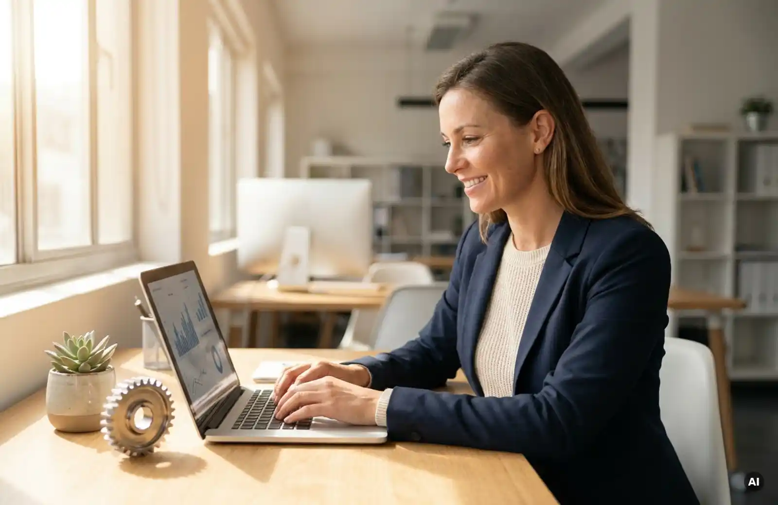 frau-laptop-buero-transformation-wachstum.jpg Frau in smarter Freizeitkleidung analysiert Laptop-Daten an modernem Büroschreibtisch mit Zahnrad und Zimmerpflanze im warmen Sonnenlicht.