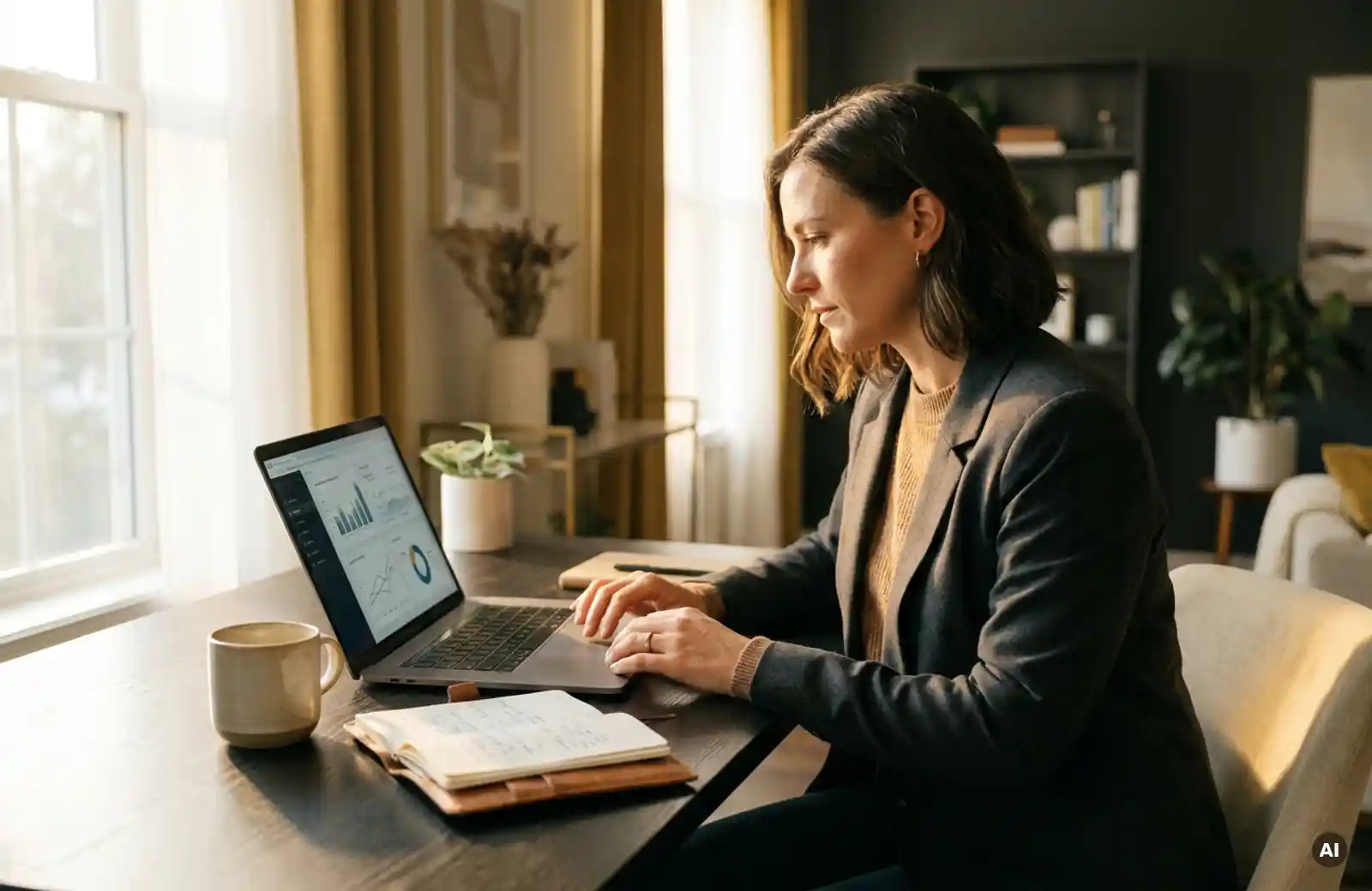 Frau am modernen Schreibtisch analysiert Daten auf Laptop bei warmem Tageslicht, Notizbuch und Kaffeetasse daneben.