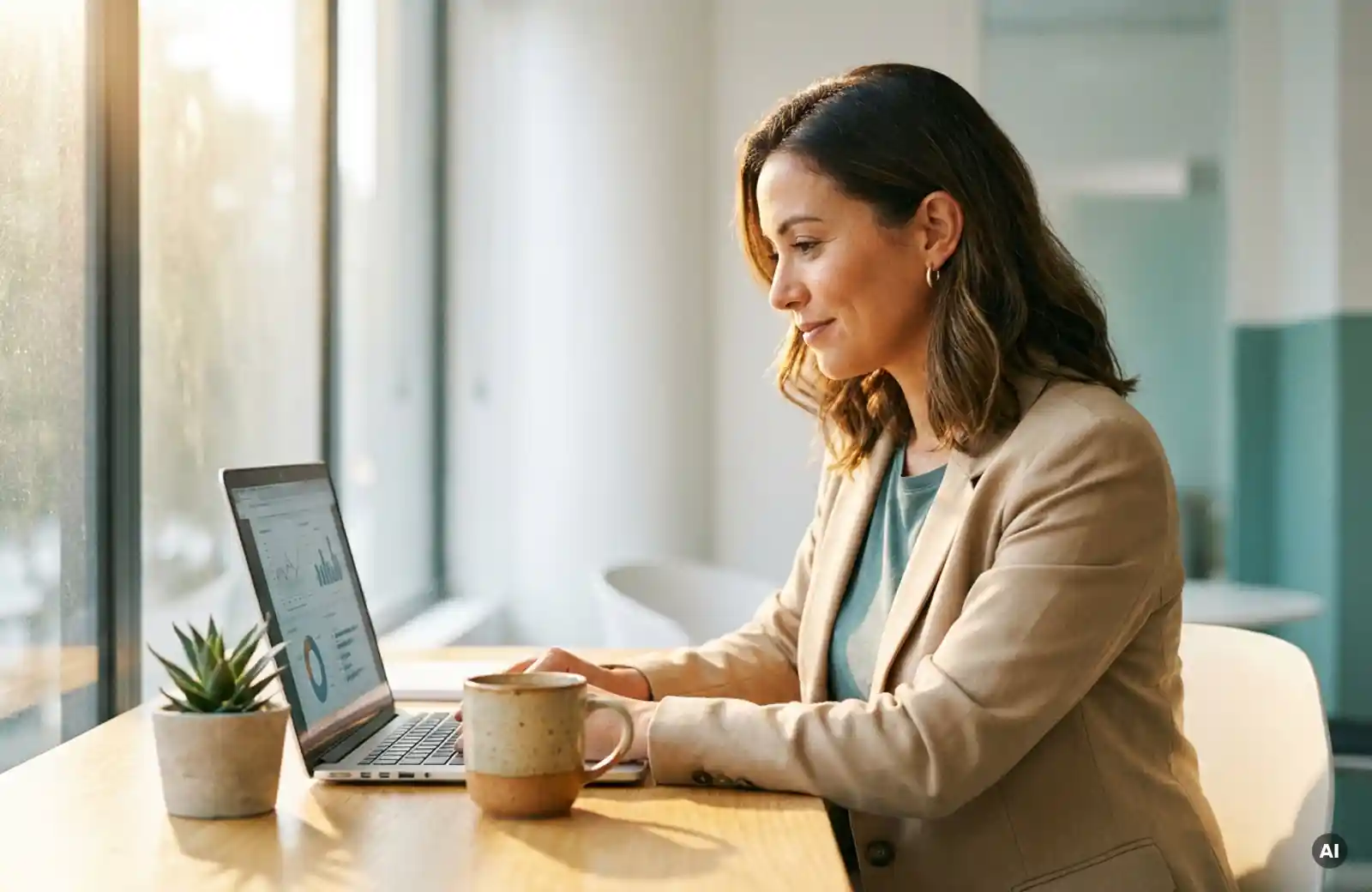 Frau in smarter Freizeitkleidung analysiert Daten auf einem Laptop im modernen Büro, warmes Sonnenlicht, Zimmerpflanze und Kaffeetasse im Hintergrund.