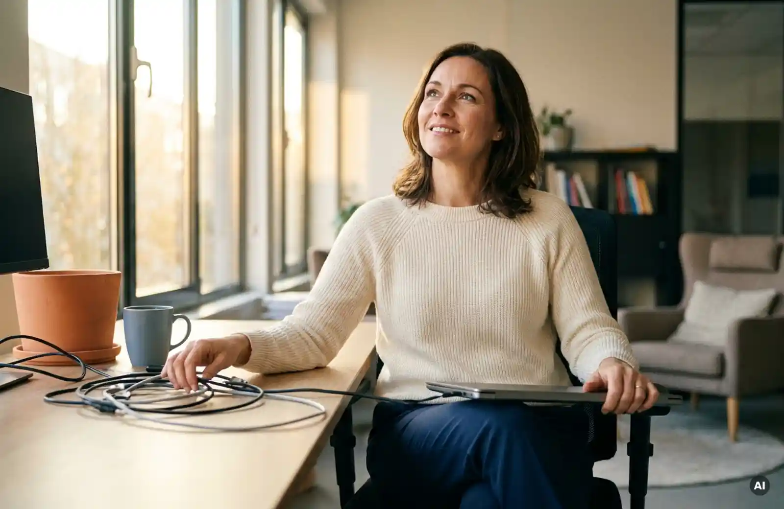 Frau Mitte 40 entwirrt Kabelknoten neben einem Laptop in hellem Büro mit warmem Tageslicht.