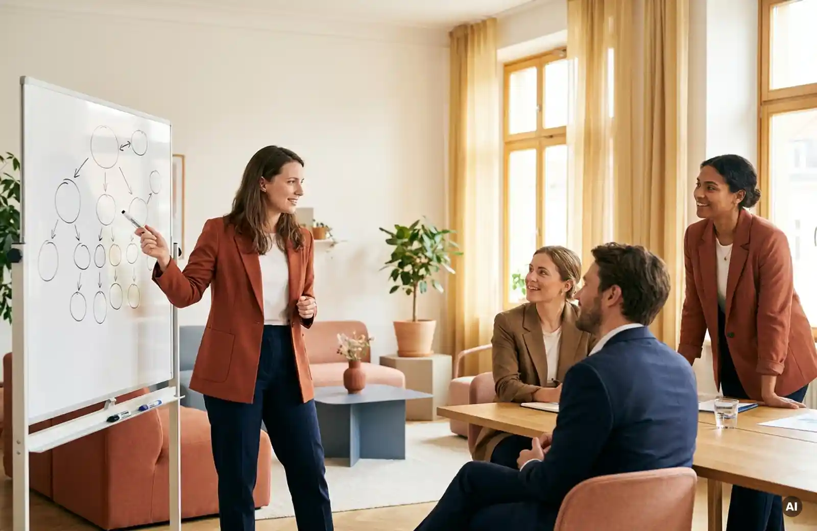 Frau in Business-Casual-Kleidung erklärt Organigramm an Whiteboard vor aufmerksamen Kollegen in modernem Büro mit warmem Tageslicht.