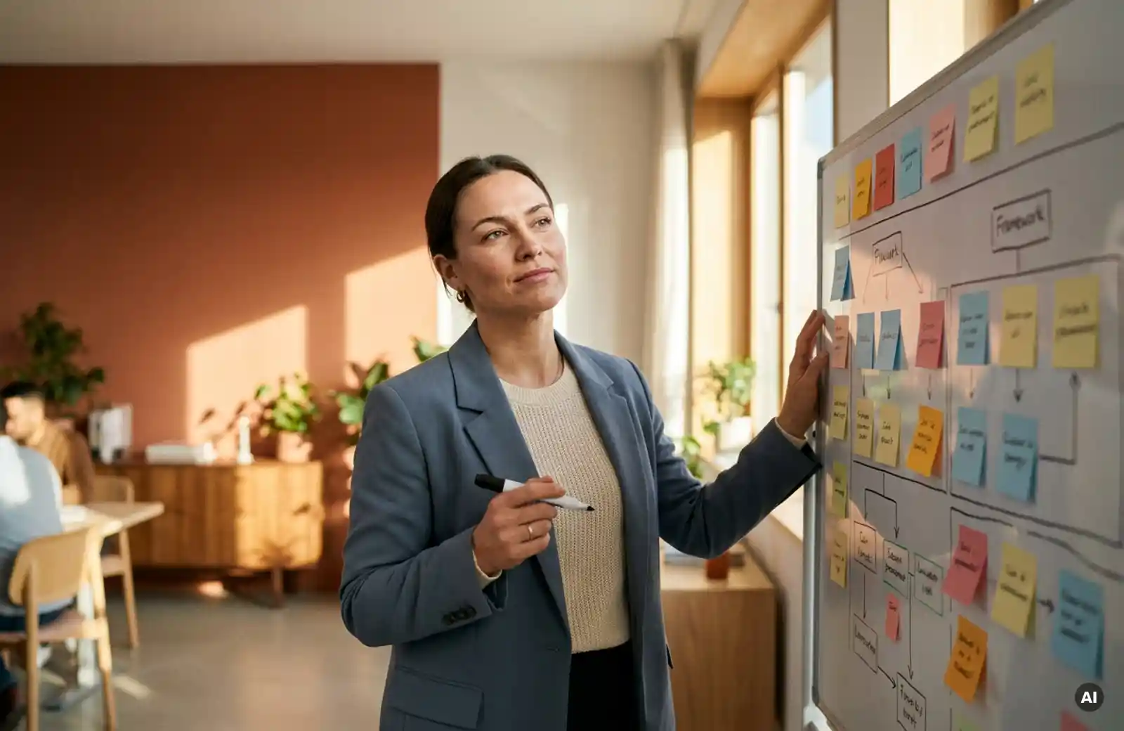 frau-whiteboard-strategie-buro-praesentation.jpg Frau präsentiert strukturiertes Framework an einem Whiteboard mit Haftnotizen in modernem Büro mit warmem Nachmittagslicht.
