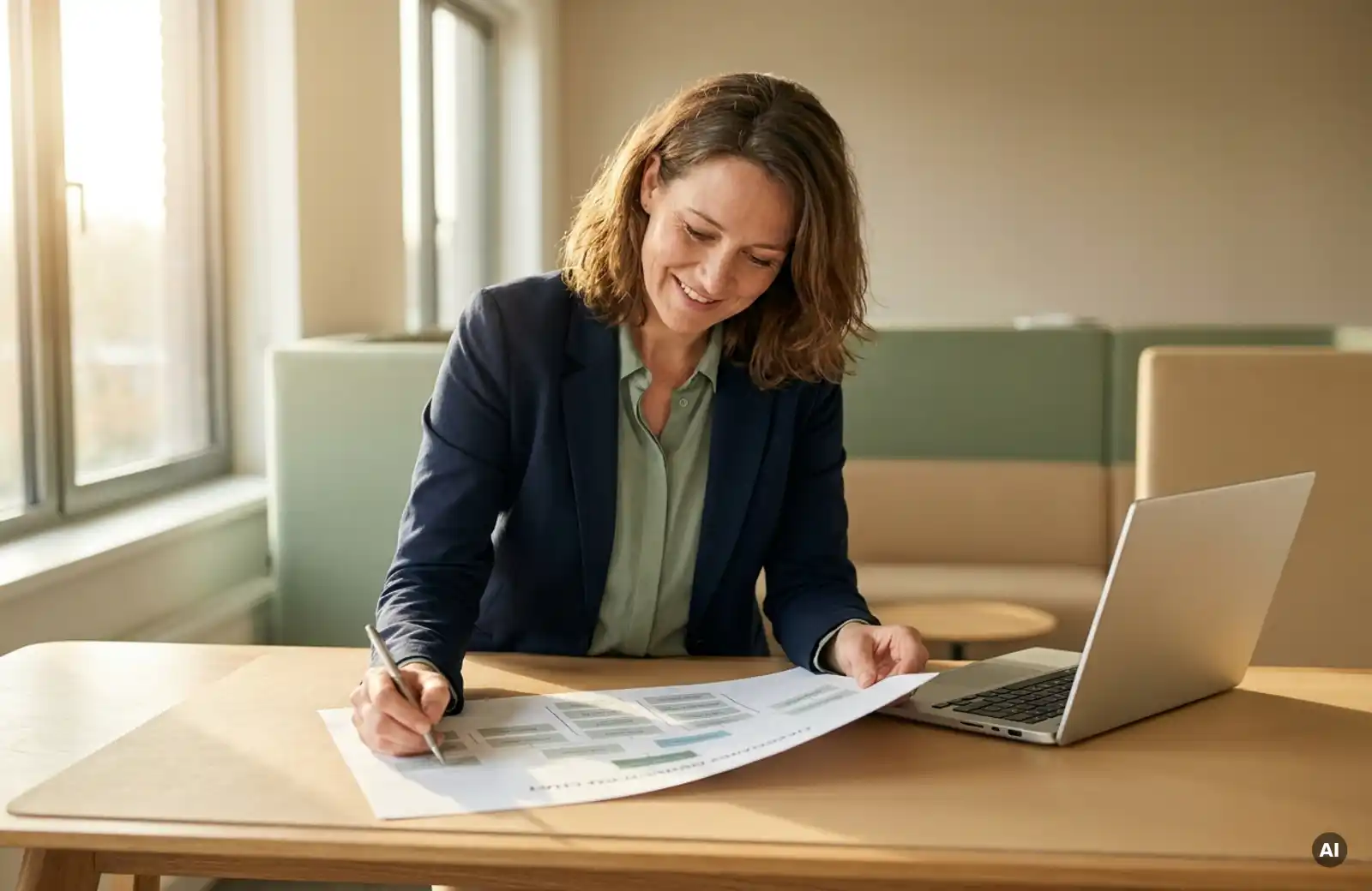 fuehrungskraft-organigramm-buero-modern.jpg Frau Mitte 40 prüft ein gedrucktes Organigramm an einem modernen Büroschreibtisch im warmen Nachmittagslicht.