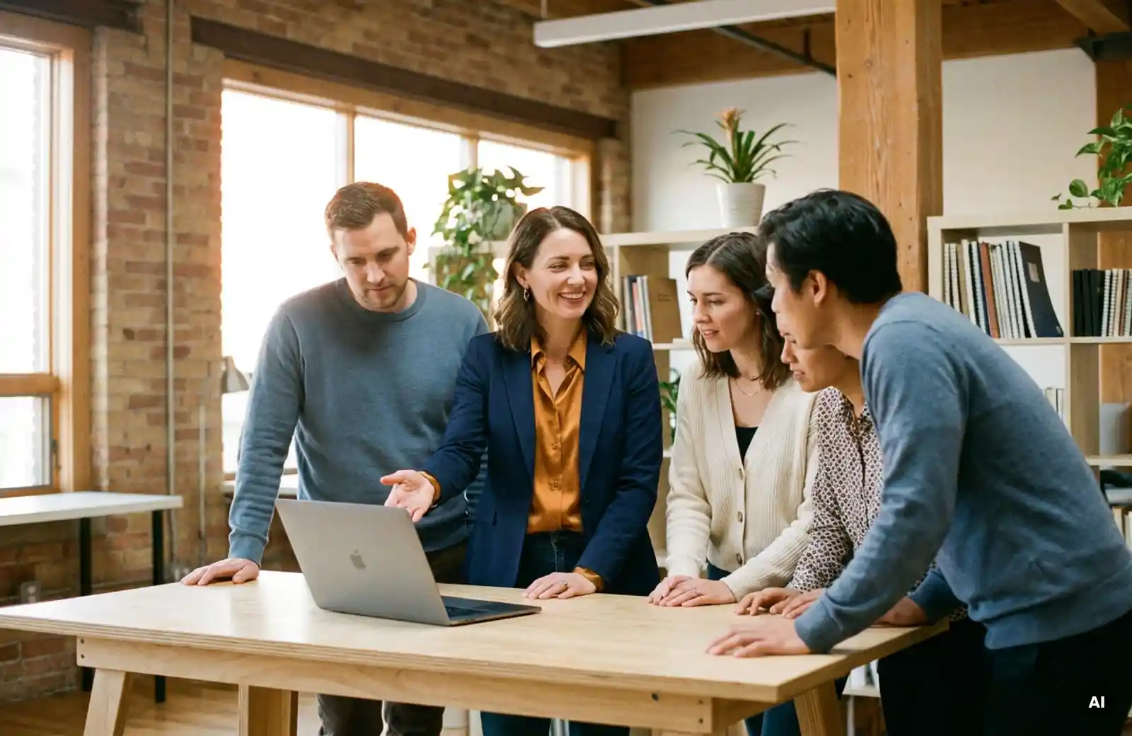Frau leitet Team-Meeting an hellem Workshoptisch mit offenem Laptop in modernem Büro mit Backsteinwand und Holzelementen.
