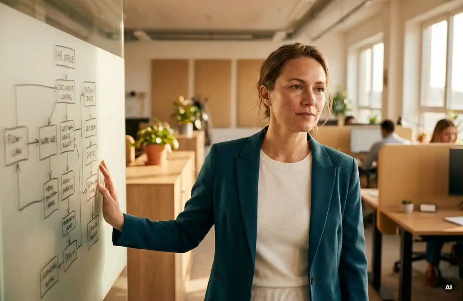 Frau in Smart-Casual-Kleidung analysiert Strukturdiagramm an Milchglaswand in modernem HR-Büro mit warmem Morgenlicht.