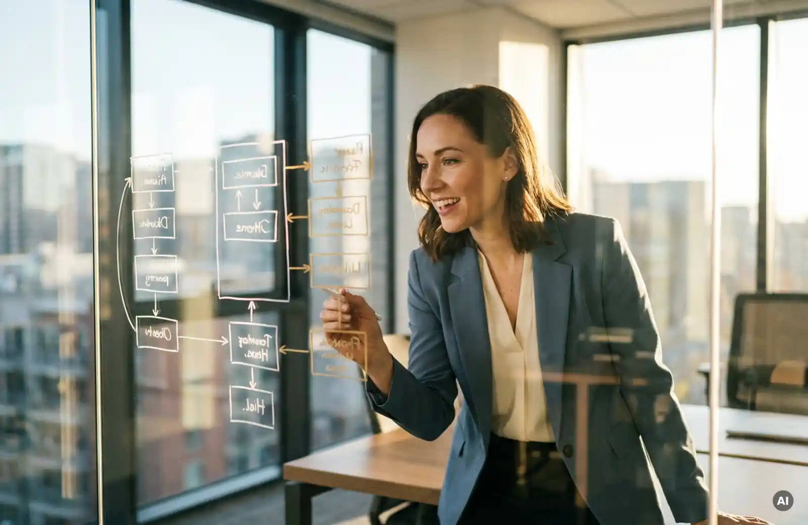 Frau analysiert Workflow-Diagramme auf Glasboard in modernem Büro mit warmem Tageslicht.